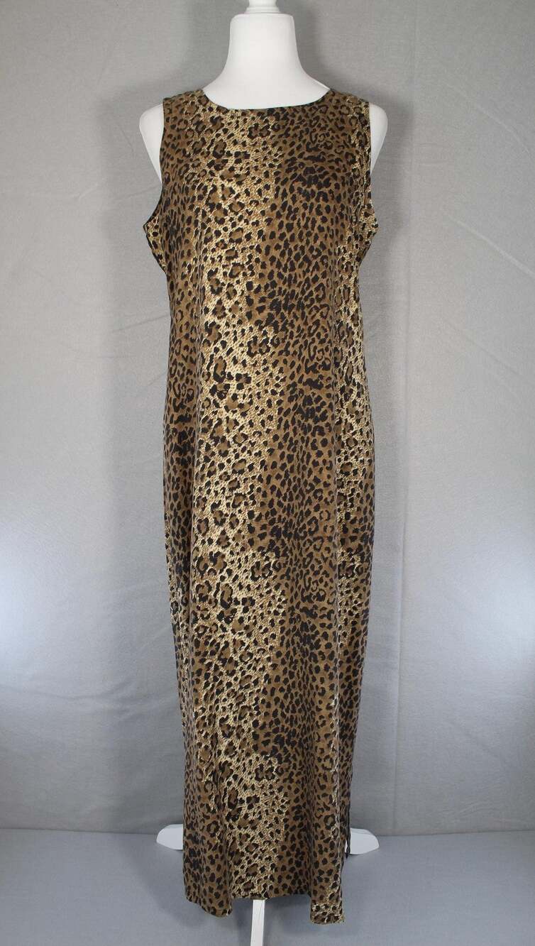 CLIO Dress Womens M Brown Animal Print Silk Sleeveless Shift Maxi Side Slit